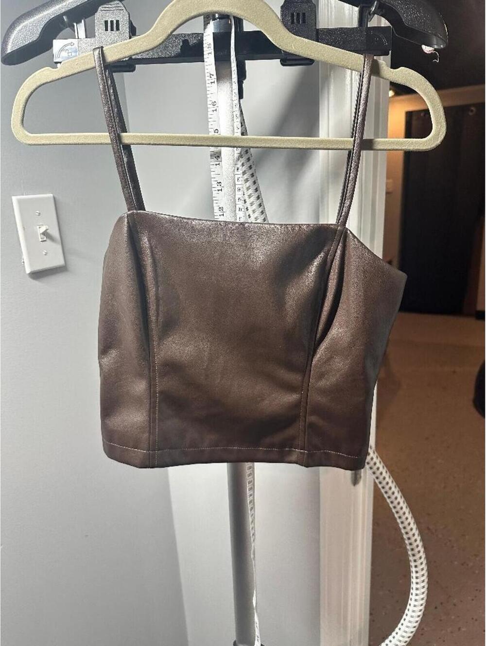 NWT KatieJ NYC Faux Leather Bustier Top Brown Size M Structured Crop Cami Chic - Picture 2 of 5